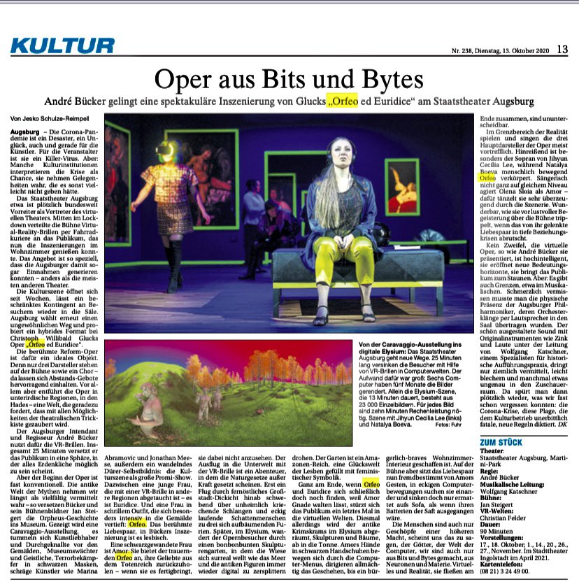 andrebuecker's tweet photo. Heute und morgen: 2. und 3. Vorstellung von ORFEO ED EURIDICE in Augsburg. Mit ein bißchen Glück könnte es noch mit einer Karte klappen. Als kleiner Teaser die schöne Besprechung aus dem @donaukurier #orfeodigital #vr #vropera #digitaltheater https://t.co/V3sPt2y97W https://t.co/O2yoOlc2qh