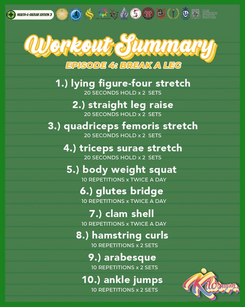 plm_ssc's tweet photo. Here's the Workout Plan Summary of KILOSugan Episode 4!

In case you haven’t seen the episode, catch it on the PLM-SSC FB page.

Stay tuned for more episodes. Stay healthy, E-skolars!

#HunkYourTrunkSaturday
#KILOSugan2020
#HealthEskolar
#TowardAndForward
#ExcellentNotAverage https://t.co/BdGxxOVkEj