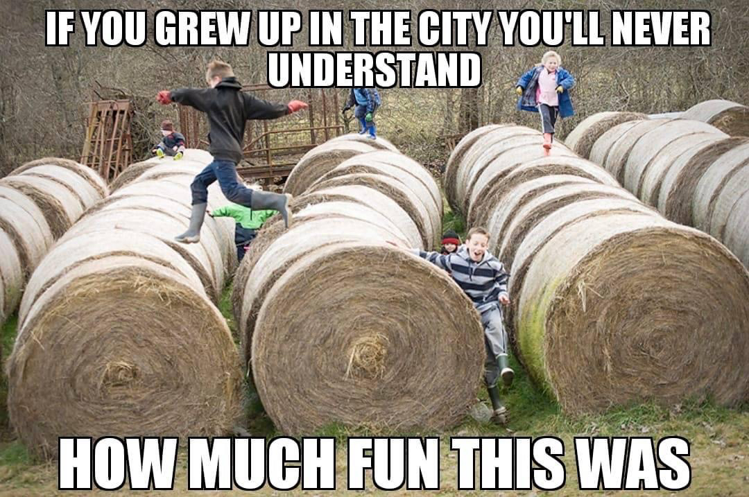 Some of our best memories as a kid were from jumping around on the hay bales...

Was it a little dangerous? Sure. Was it worth the risk? Damn rights! #AgTwitter