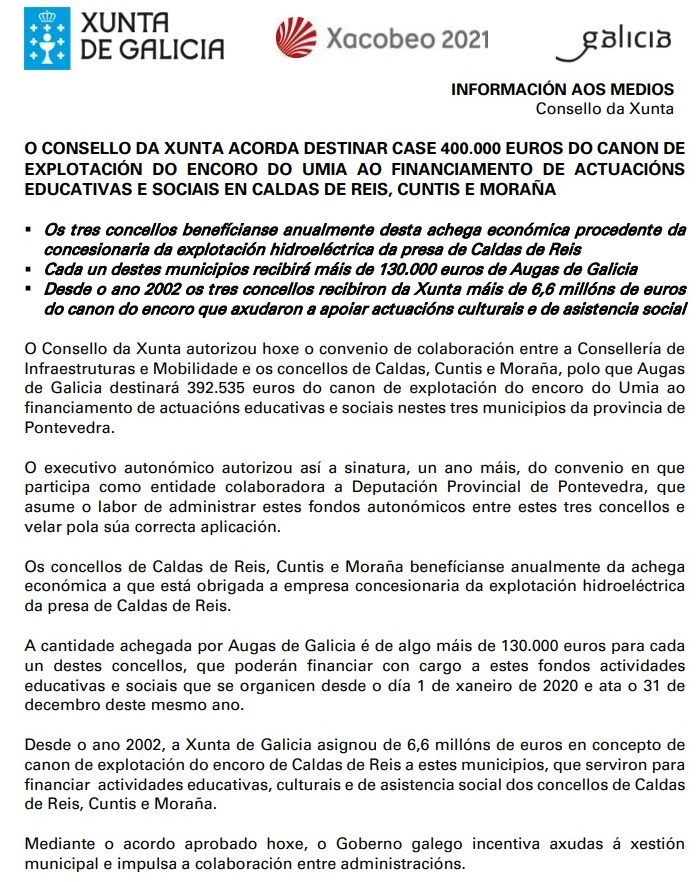 ConcelloMorana's tweet photo. O Consello da Xunta aprobou o canon anual de explotación polo Encoro do Umia, que reportará ás arcas municipais de #Moraña algo máis de 130.000 euros para actividades culturais e de asistencia social. https://t.co/AgOGytl39M