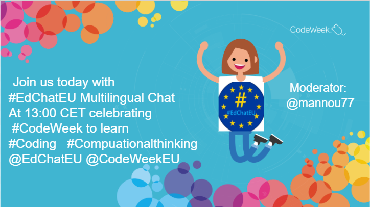 mannou77's tweet photo. Join us today with
#EdChatEU Multilingual Chat
At 13:00 CET celebrating
#CodeWeek to learn
#Coding #Compuationalthinking
@EdChatEU @CodeWeekEU
مرحبا بكل الاصدقاء
شاركونا افكاركم و انشطتكم احتفالا باسبوع البرمجة و الترميز https://t.co/ZxSBedDlGL