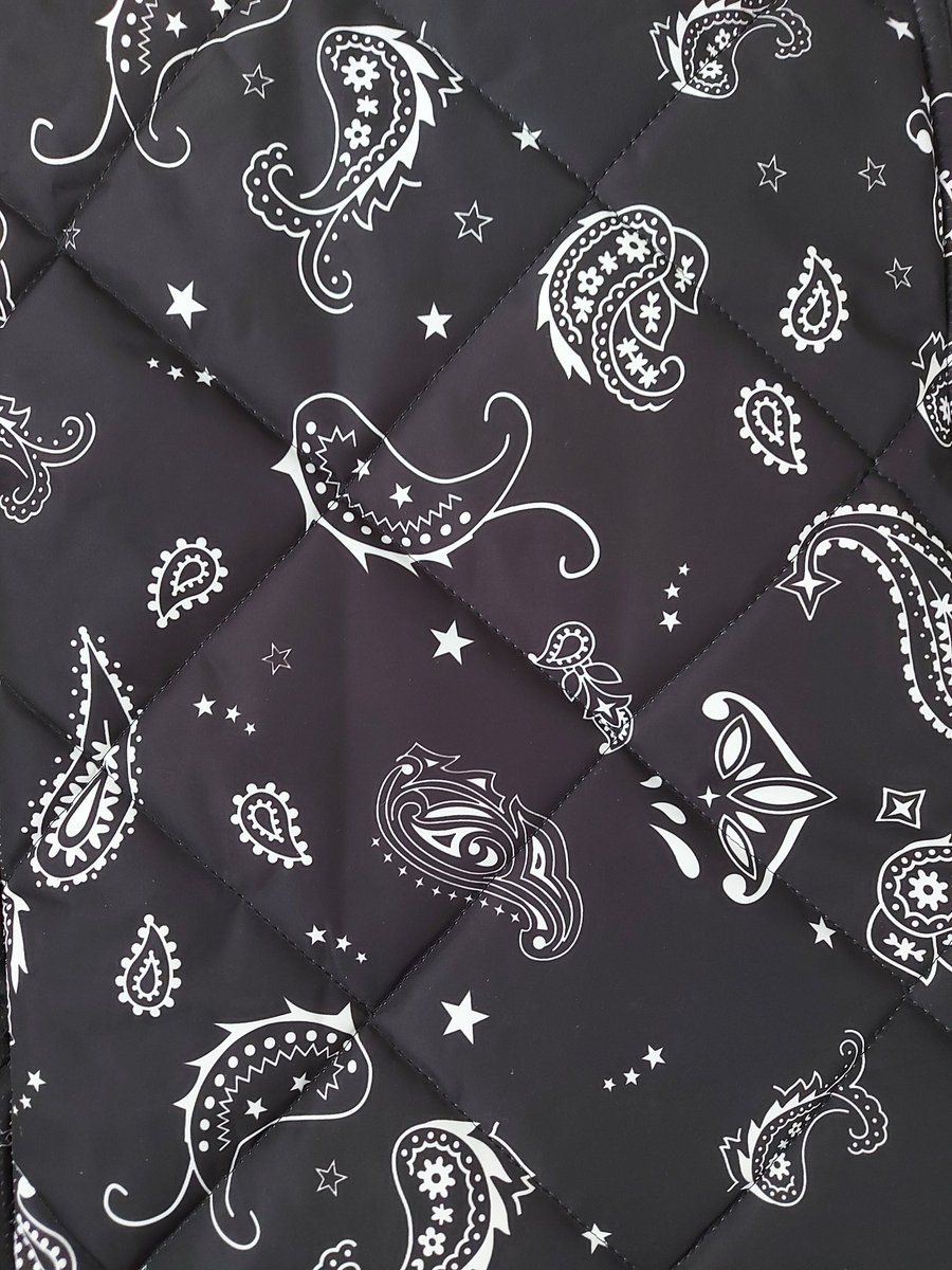 Claire_Lee's tweet photo. It's #monochrome day today! Keeping warm in my winter coat from Femi Stories, with its lovely #paisley and stars pattern 😊 #JoinThePatternParty #NerdyLockdownLooks https://t.co/gAdiqphWj5