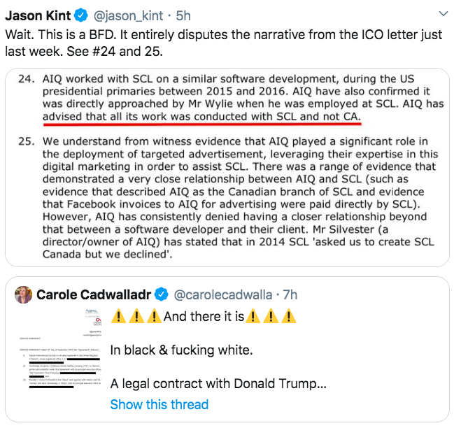 Last week,  @iconews told DCMS committee 'AIQ has consistently denied have a closer relationship beyond that between a software developer & their client'. And that all work was 'conducted with SCL & not CA'.These docs - which  @iconews has - flatly contradict this