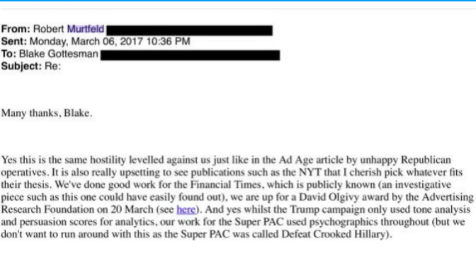 I suspect the journalist doesn't even know about work Cambridge Analytica did for  @FT. Certainly she doesn't note it. But here, you can see this CA employee boasting about the 'good work' it did for  @FT. And in same email, admitting freely CA used psychographics for Trump