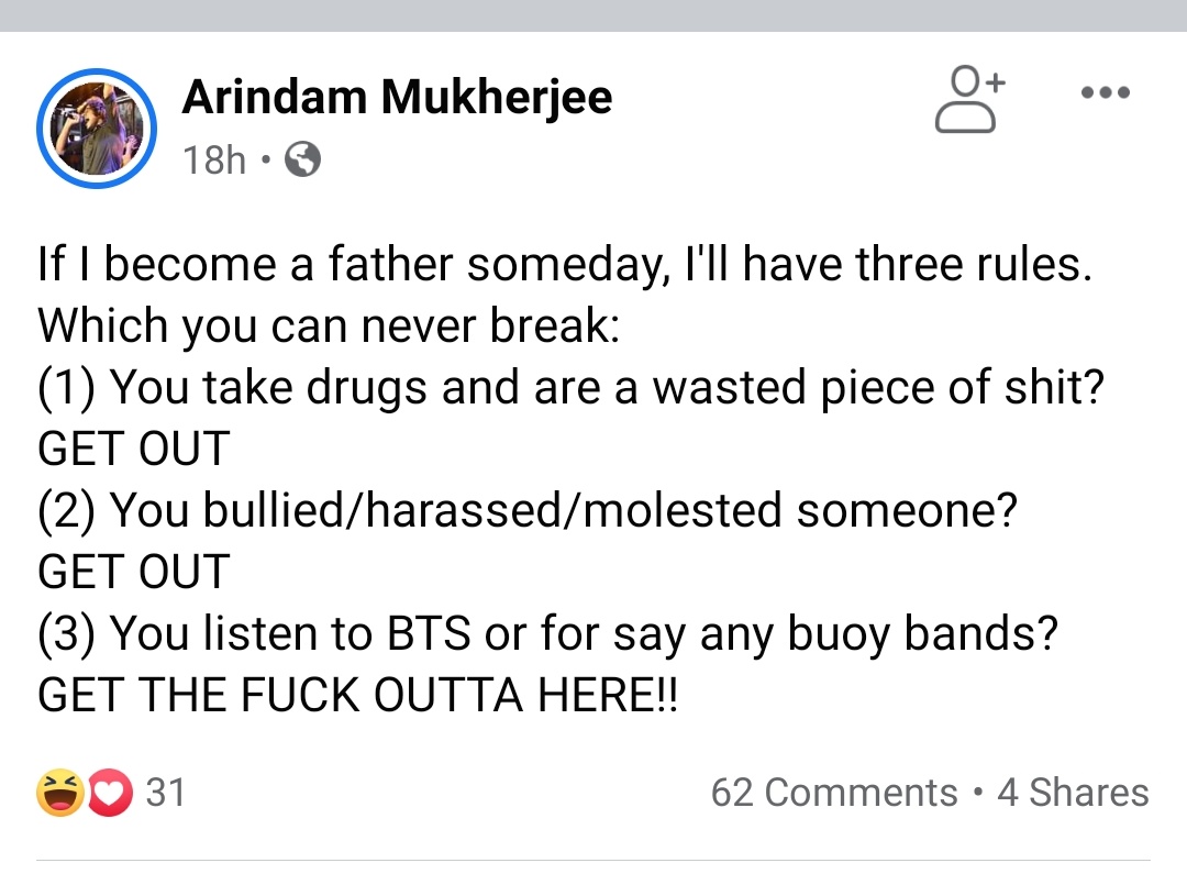 And to top it all, now he's used a picture of my friend(without consent), distorted it,posted it on his profile and making her subject to harassment. I'll add some screenshots here and the rest is on his profile.  https://www.facebook.com/WhiteTigerArindam - his profile link. Armys do your thing