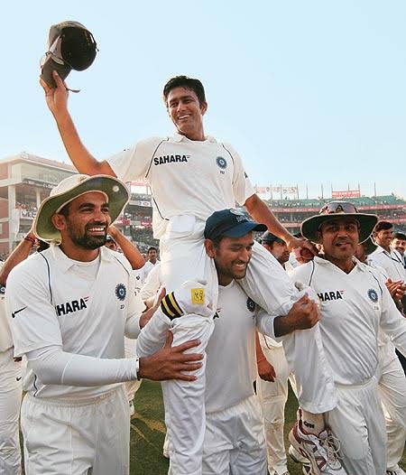 On 16th Jan 2008, Kumble (at age 37) became the 1st Indian player & 3rd spinner in the world to take 600 wickets. In the process, he became India's 1st capt to win a test match at WACA. He hanged his boots on 29th Oct 2008 at 619 wickets at an avg of 29. 