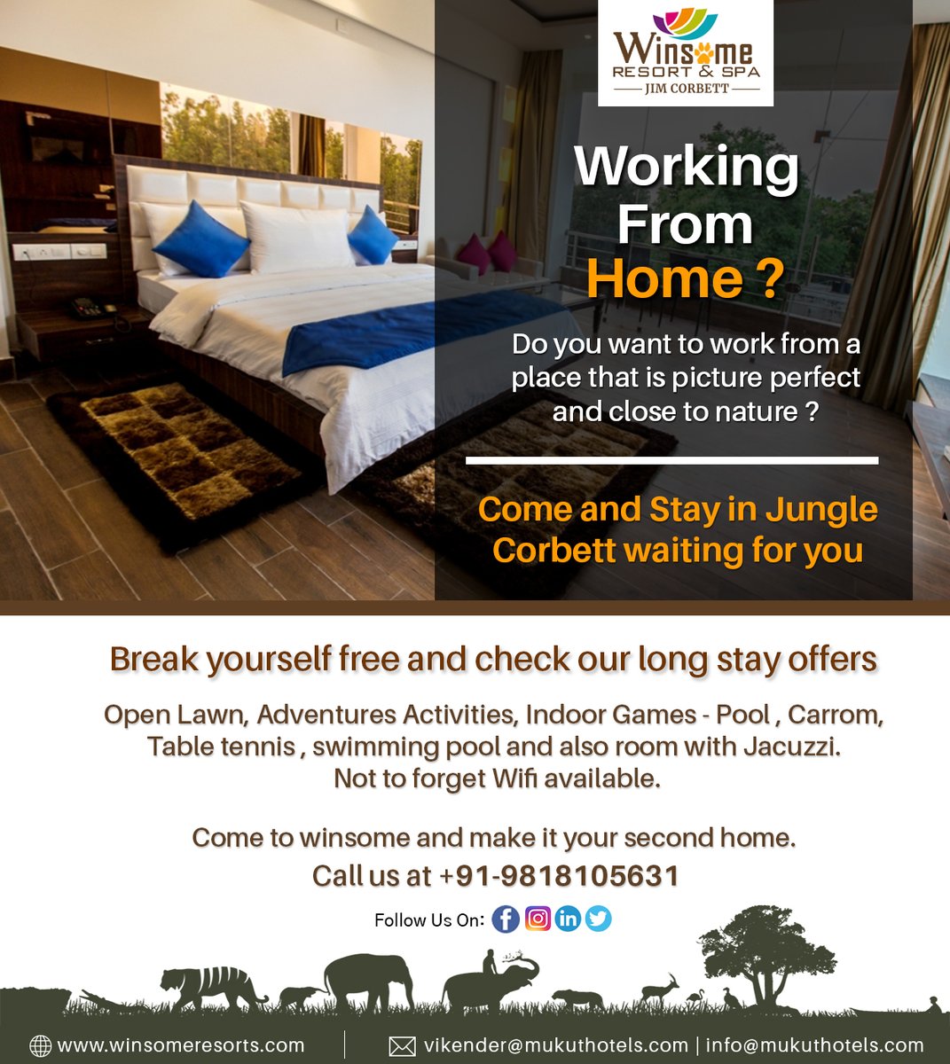 Working from Home?
Come and Stay in Jungle - Corbett waiting for you
Contact Us:- +91-9811216350
#workfromhome #safestay #longstay #office #nature #adventure #adventureactivities #corbett #jimcorbett #activities #corbettresorts #mountains #natureview #workwithview #travellers https://t.co/jBAQUW8A3x