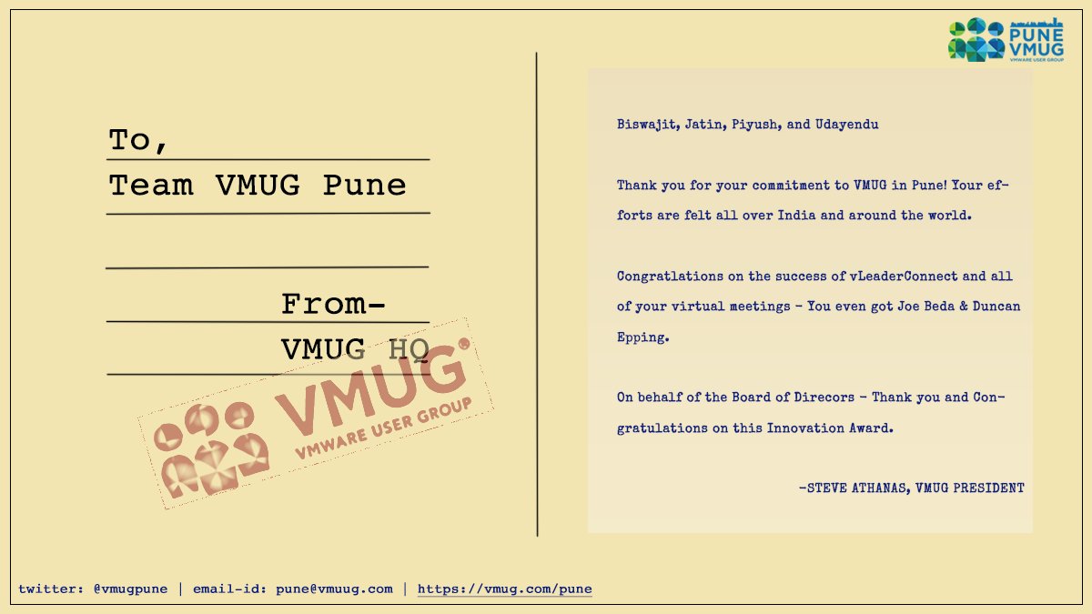 Thank <a href="/MyVMUG/">VMware User Group</a> and <a href="/steveathanas/">Steve Athanas</a>. We are also thankful to our community members who have supported us in our journey. 

Special thanks to our guests (<a href="/jbeda/">Joe Beda</a>, <a href="/DuncanYB/">Duncan Epping</a>, and <a href="/FrankDenneman/">Frank Denneman</a> ) for accepting our invitation and sharing the thoughts with the community members.