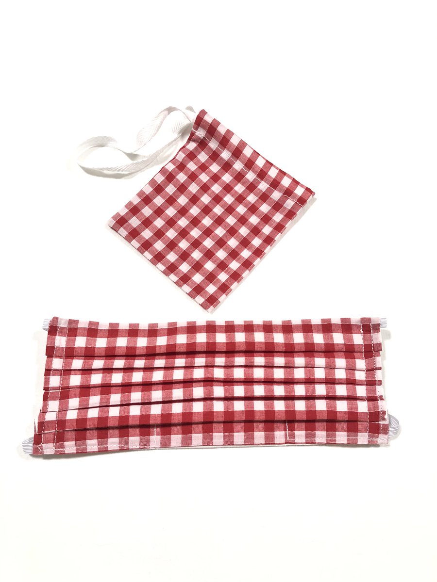 Classic red gingham mask and bag set. 
£9.50 &amp; £2.99