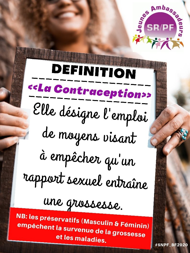 JASRPFBurkina's tweet photo. Semaine Nationale de la Planification Familiale au Burkina Faso
Du 19 au 25 Octobre.
La contraception désigne l'ensemble des moyens visant à empêcher qu'un rapport sexuel n'entraîne une grossesse.

Découvrez chaque jour un contraceptif
#SNPF_BF2020
#Contraception4youth
@POuagaPF https://t.co/UEYfGD10BG