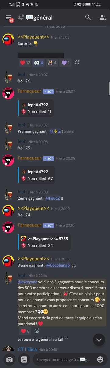 Gg à @Z_Royal_, <a href="/BE_Cocobango/">cocobango</a> et à foucz pour avoir gagné le concours des 500 membres de notre serveur discord 😉 à noter que foucz a remis son pass en jeu et c'est @LiliOrhely qui a remporté ce dernier 😇 on se retrouve pour les 1000 membres sur le serveur de <a href="/PARADOX17510336/">⚡🔥PARADOXAL🔥⚡</a> 😏