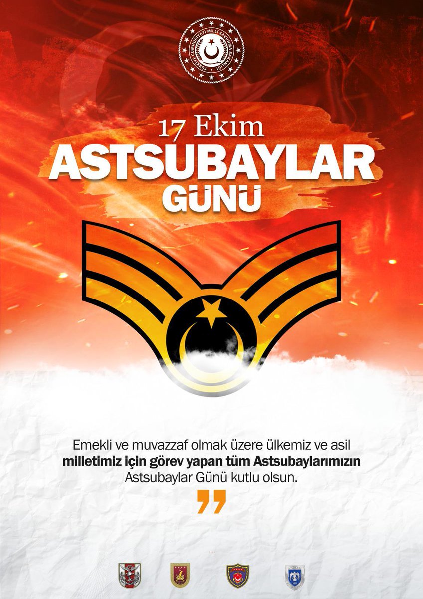 Yıllarca ülkesine hizmet etmiş emekli Astsubaylarımız ile bugün asil milletimizin huzuru ve güvenliği için kahramanca ve fedakarca görev yapan tüm muvazzaf Astsubaylarımızın 17 Ekim Astsubaylar Günü’nü kutluyor; kazasız, belasız hayırlı ve başarılı görevler diliyoruz.