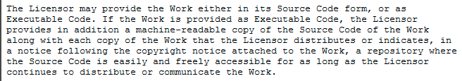 5/ Communication of source code section - me LIKE. "Stick a link to a github fork under the license when distributing an executable and you're good to go, as long as that repo is around as long as you distribute this".