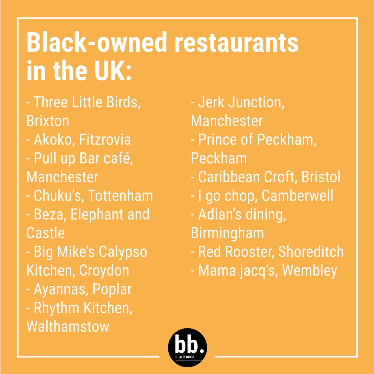 Our week three of #BlackHIstoryMonth focuses in one of <a href="/BlackBookOrg/">BlackBook</a> 4 main pillars #WealthCreation. That’s why today we want to give a big #Shoutout to some black-owned #UK restaurants. Tag below your favourite UK chef or restaurant! #blackbook #ukchefs #BlackOwnedBusiness