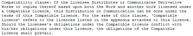 7/ Obligations of the licensee. Most interesting part is the compatibility clause, which says that distributing a combined work under a compatible license is OK, and says that there is a specific list of compatible licenses. I think this is a pretty neat and practical take.