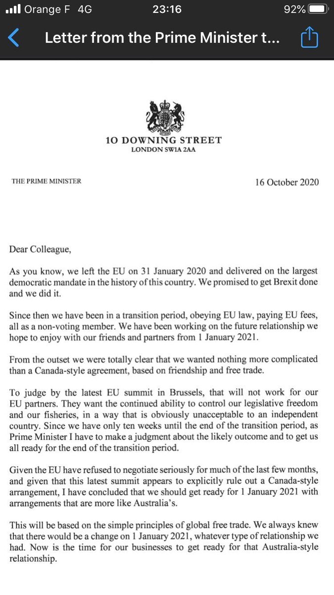 Yesterday's PM letter a classic emotional outburst you could imagine in a divorce situation, sort of "I have done everything you asked and you are still not being in any way fair so I am going to go my own way and I will be fine and I really don't need you" etc... 11/