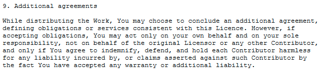 11/ Additional agreements. If I read this correctly, it's: "If you provide this work to someone and make extra promises, you can, but only if you also promise to shield original contributors from trouble." Outside my mental models, not sure what the scenario is.