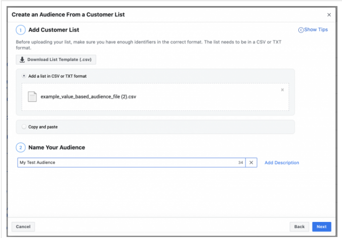 How to Create a Custom Audience Based on Customer List.You can either upload a CSV or TXT file or do a simple copy and paste. Assuming your list is more than a few dozen and includes multiple columns, I’d go with a CSV file.And name your audience as seen on the second below