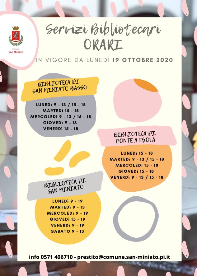ComuneSMiniato's tweet photo. Biblioteche 📚 🙂

Da lunedì 19 ottobre si amplia l'orario della @bibliosmi e della Biblioteca di #PonteaEgola‼️

👇👇👇
_______
#sanminiato https://t.co/ByZon39WK5