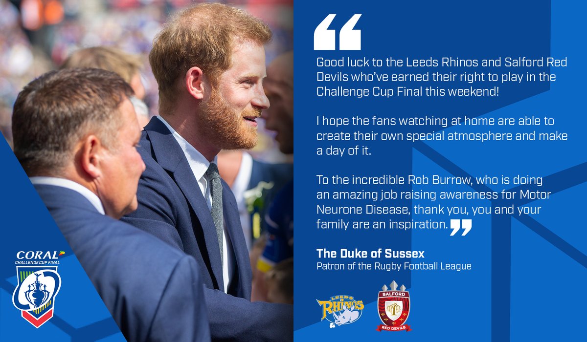 We are all looking forward to the <a href="/TheChallengeCup/">Betfred Challenge Cup</a> final today between <a href="/leedsrhinos/">Leeds Rhinos</a> &amp; <a href="/SalfordDevils/">Salford Red Devils 👹</a> - good luck to both sides!