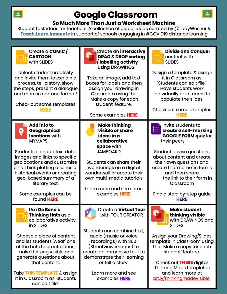 Google Classroom is so much more than just a worksheet machine! Check out these hands-on learning task ideas for students (and teachers). 
via 
@LadyWesner
 and 
@innovate_teach
#satchat #onlinelearning #remotelearning 
Doc can be downloaded here: 
docs.google.com/document/d/13n…