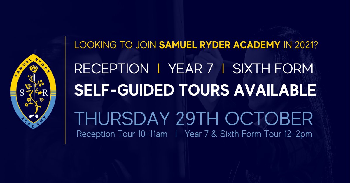 Looking to join Samuel Ryder Academy in 2021? We would like to welcome prospective Reception, Year 7 and Sixth Form applicants to a socially distanced, self-guided tour of our school on Thursday 29th October 2020.  Please click here for full details ow.ly/CCDR50BS6AM
