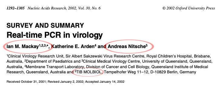 6/ : That brings us interestingly to Australia. Tib-Molbiol also heavily cooperated with  @MackayIM (Ian M. Mackay), who in his own words has written "one of the best cited reviews in the field" (real-time PCR-tests):  http://bitly.com/3n9CSio 