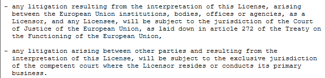 18/ Jurisdiction. "If EU bodies fight over this license, they shall do it in <this specific court>, if anyone else fights it is in the home court of the licensor."Nice for that to be explicit. The EU body battleground bit slightly amuses me, though.