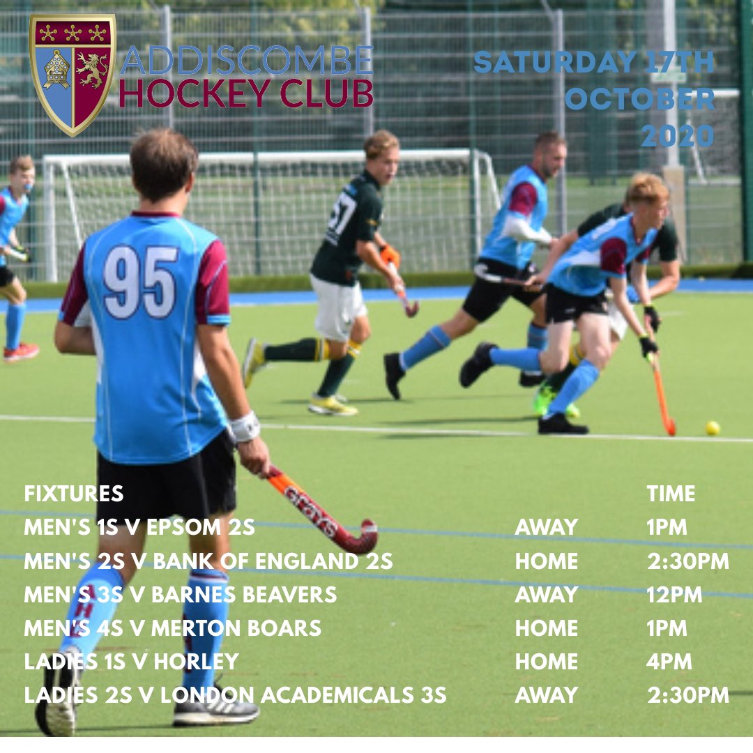 AddiscombeHockeyClub (@addiscombehc) on Twitter photo It’s GAMEDAY! Good luck to all players and teams! Bring home the WIN! Let’s GO A’s!
M1 v @epsomhc
M2 v Bank of England
M3 v @barneshockeyclub
M4 v <a href="/mertonhockey/">Merton Hockey</a>
L1 v <a href="/horleyhockey/">Horley Hockey Club</a>
L2 v <a href="/accieshockey/">London Academicals</a>
#hockey #croydon #surrey #hockeyfamily #win #team It’s GAMEDAY! Good luck to all players and teams! Bring home the WIN! Let’s GO A’s!
M1 v @epsomhc
M2 v Bank of England
M3 v @barneshockeyclub
M4 v <a href="/mertonhockey/">Merton Hockey</a>
L1 v <a href="/horleyhockey/">Horley Hockey Club</a>
L2 v <a href="/accieshockey/">London Academicals</a>
#hockey #croydon #surrey #hockeyfamily #win #team