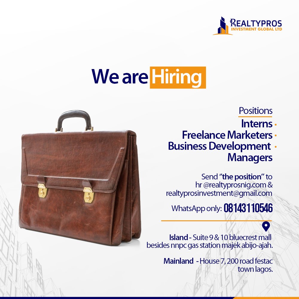 RealtyprosL's tweet photo. Do you have an OND, HND or https://t.co/x970jjNwWa degree?
Are you unemployed, underpaid or need extra income? Then this opportunity is for you. We are recruiting for the following positions:

*Interns 
* Freelance marketers 
*Business Development Managers. https://t.co/G7G8F5OcYU