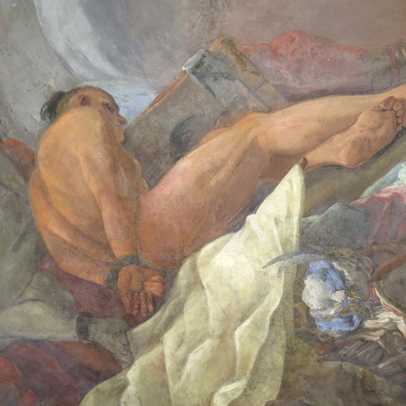 La otra estancia restaurada ha sido la escalera principal, en la que se ha intervenido puntualmente en el ángulo inferior izquierdo del magnífico fresco del pintor de cámara Corrado Giaquinto, “España rinde homenaje a la Religión y a la Iglesia”