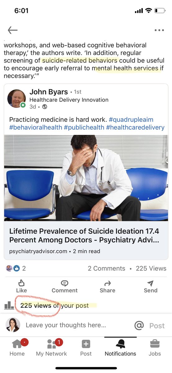 Yes, some of my  @LinkedIn posts get >12K views. But the ones on physician suicide? ~200How effective are we being on  #SoMe or with  @NEJM perspectives?Are decision makers listening? I’ve felt as powerless to prevent harm as  #NYC physician leader Dr. Breen who died of suicide
