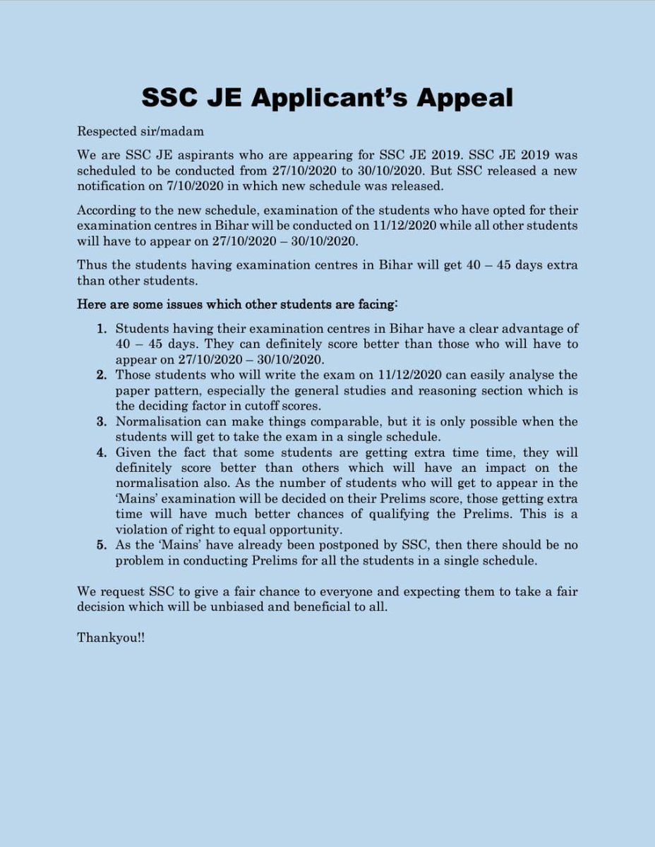 aatishv645's tweet photo. We want similar date for all SSC JE 2019 aspirants.
#similardatesforsscje
#EqualityforSSCJE
#SSCunfairwithstudents
#SSCSpeakUp
#SSCJEdatesissue
@DrJitendraSingh https://t.co/Bdp6DQJieO