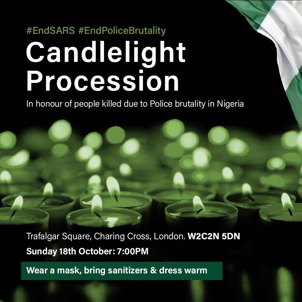 DozTweets's tweet photo. Candlelight procession in London tomorrow evening #ENDSARS #Strongertogether #EndPoliceBrutalityinNigeria https://t.co/sHASmLI2zu