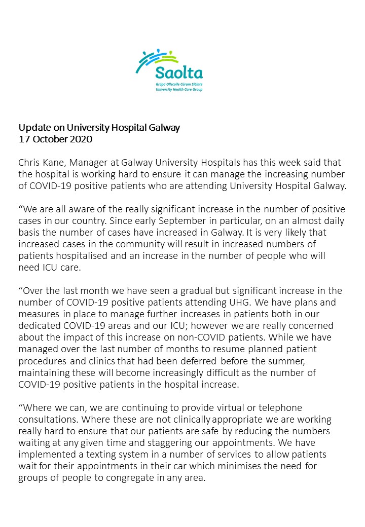 HSE_West_NWest's tweet photo. Update from University Hospital Galway #UHG 
#COVID19 #hospitalservices #ED #virtualconsultations 

Chris Kane GM #UHG, "We are appealing to the community in Galway City &amp; County to follow the advice provided by the HSE to help slow the spread of COVID-19."

#StaySafeStayHealthy https://t.co/7k9lXrNbLD