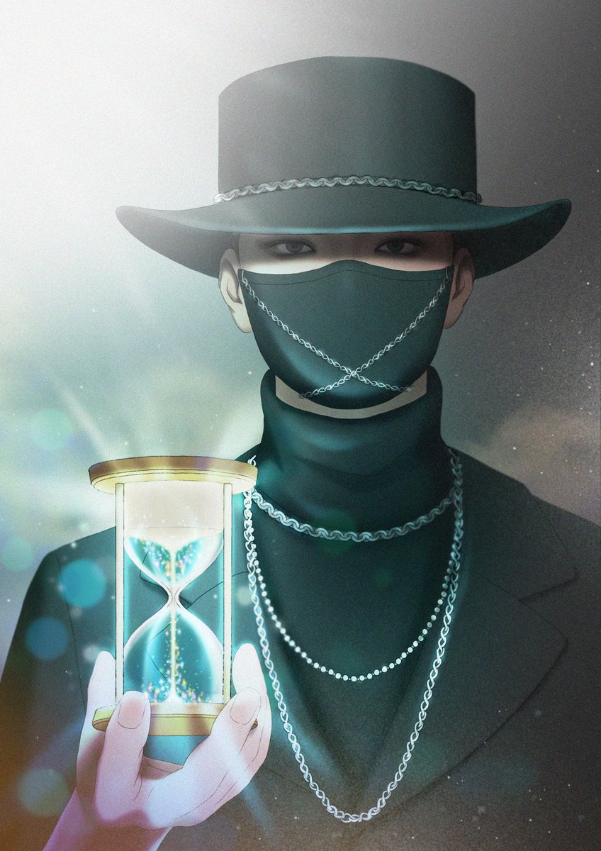 The hourglass is a reoccurring and important object in the Ateez storyline. Because of this, I chose the hourglass for the centrepiece of the design. I chose this specific design of an hourglass as it is like the one owned by the black fedora man.