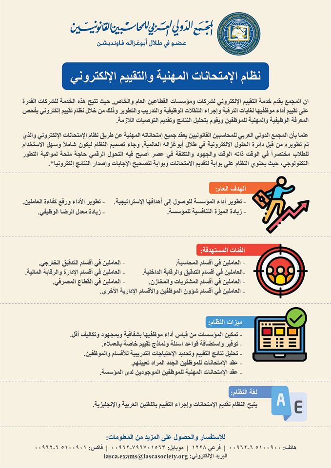 قـم بالإشتـــراك في خدمة نظام الامتحانات المهنية والتقييم الإلكتروني الجديد والذي يتيح القدرة للشركات والمؤسسات على تقييم أداء موظفيها لغايات الترقية وإجراء التنقلات الوظيفية والتدريب والتطوير وذلك من خلال نظام تقييم إلكتروني يفحص المعرفة الوظيفية والمهنية للموظفين.