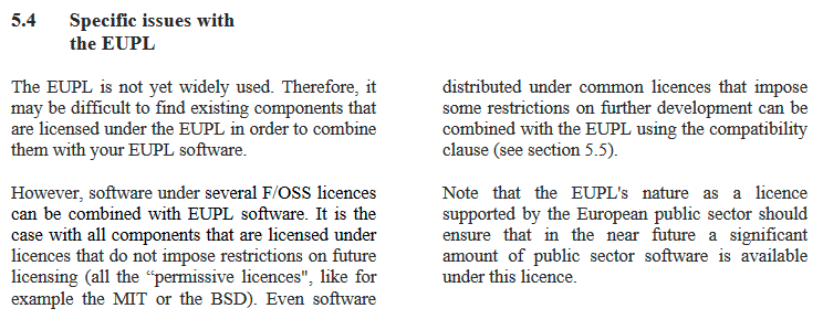 42/ Developing or integrating SW under EUPL (cont)- Specific Issues With EUPL. I *so* wish more bodies with their own licenses included a section like this in their materials. This one is a bit skimpy, though. Just says "EUPL is not well known, but plays well with others."