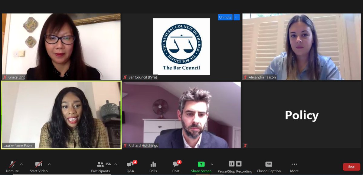 thebarcouncil's tweet photo. Panellists Grace Ong and Richard Hutchings (@2KBW), @EssexBarrister (Five St Andrew's Hill), @AllyLlorente (@PumpCourt) and Laurie-Anne Power (@25BedfordRow) are now discussing life at the Criminal Bar at #PupillageFair2020 https://t.co/jk5O0fQs9b