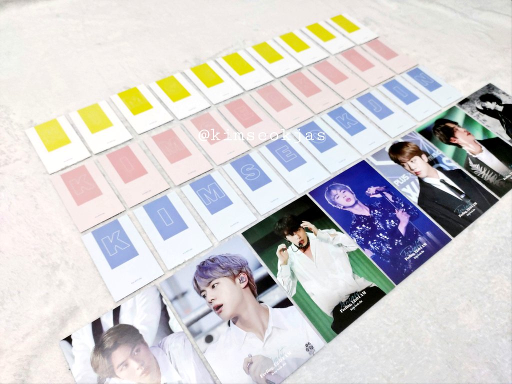  Small photocard sets Large photocard set*The small photocards' front are Seokjin photos then the back spells out Kim Seokjin in blue, pink, and yellow! **Included large photocard set so you can see it form Seokjin at the back 