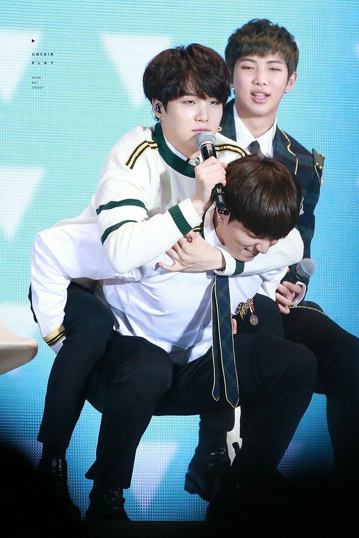 Jungkook carrying Yoongi in different styles