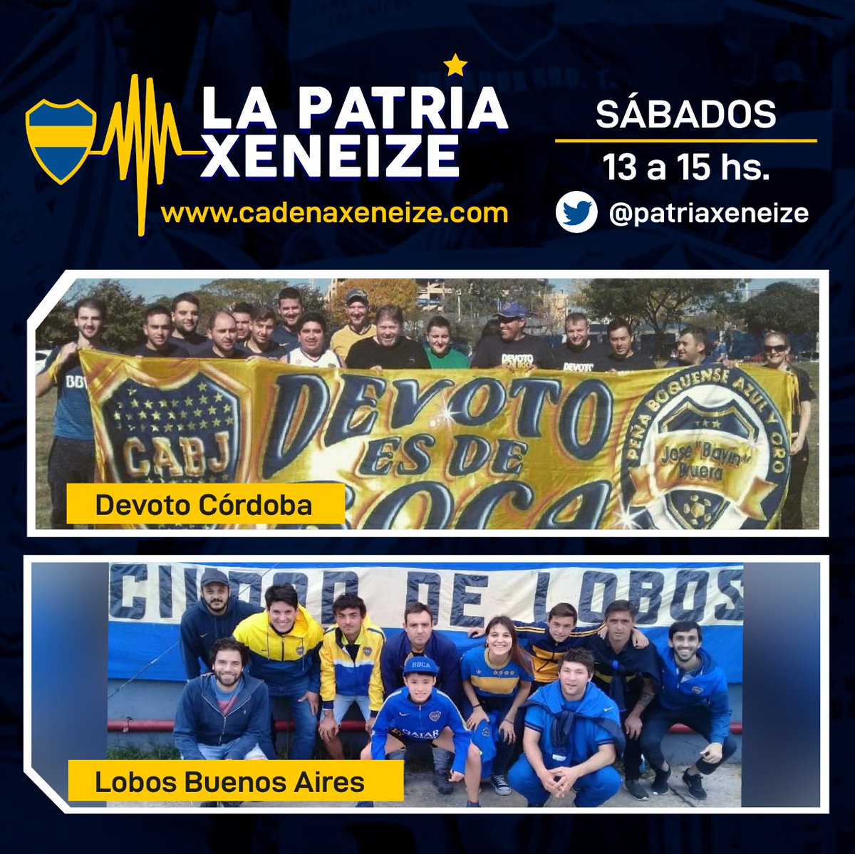 PatriaXeneize's tweet photo. Este sábado desde las 13 hs la 🇦🇷 será un grito unido por #BocaJuniors, en una nueva edición de Patria Xeneize por @Cadena_Xeneize.Te invitamos a conocer la pasión por el único grande y el trabajo que hacen sus peñas 🇸🇪
#vamosboca https://t.co/EVncwpJQkC
