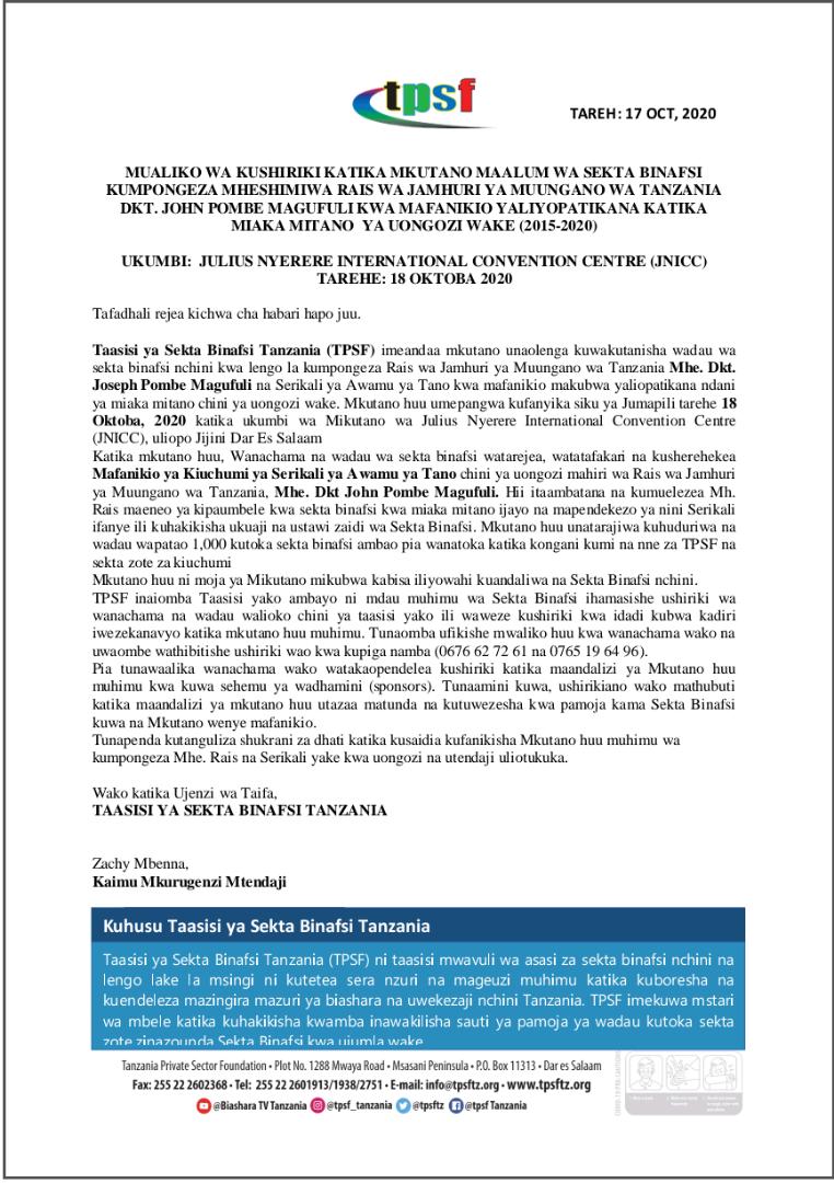 Tanzania Private Sector Federation (TPSF) (@tpsftz) on Twitter photo TPSF inapenda kukualika kushiriki mkutano utakaofanyika kesho kuanzia saa mbili na nusu asubui kama ilivyoonyeshwa kwenye barua. Tafadhali jiandikishe kwa kutumia anwani hii forms.gle/jo1GdYji765nbz…
<a href="/AngellahKairuki/">Angellah Kairuki</a> <a href="/TZMsemajiMkuu/">Msemaji Mkuu wa Serikali</a> <a href="/ATE_Tanzania/">Association of Tanzania Employers(ATE)</a> <a href="/tba_forbankers/">Tanzania Bankers Association</a> <a href="/TanzaniaCTI/">Confederation of Tanzania Industries (CTI)</a> TPSF inapenda kukualika kushiriki mkutano utakaofanyika kesho kuanzia saa mbili na nusu asubui kama ilivyoonyeshwa kwenye barua. Tafadhali jiandikishe kwa kutumia anwani hii forms.gle/jo1GdYji765nbz…
<a href="/AngellahKairuki/">Angellah Kairuki</a> <a href="/TZMsemajiMkuu/">Msemaji Mkuu wa Serikali</a> <a href="/ATE_Tanzania/">Association of Tanzania Employers(ATE)</a> <a href="/tba_forbankers/">Tanzania Bankers Association</a> <a href="/TanzaniaCTI/">Confederation of Tanzania Industries (CTI)</a>