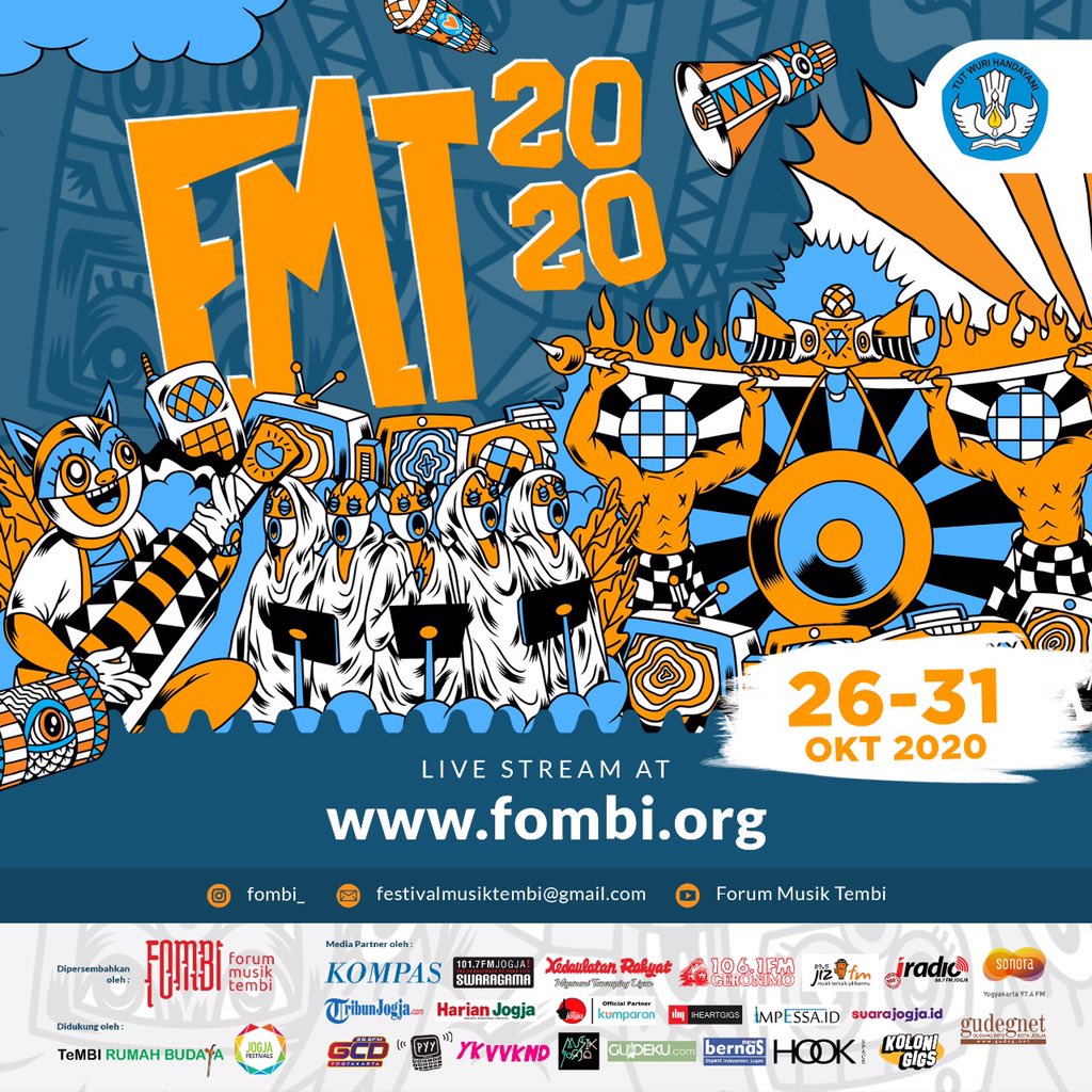 Festival Musik Tembi 2020 kembali hadir meramaikan jagat musik Indonesia

Tahun ini kami belajar beradaptasi dg keadaan &amp; menuangkan festival dlm ruang yg sudah sgt akrab bagi masy. yaitu ruang daring.

Nantikan
FMT 2020
“Kembul Tumandang”
26-31 Okt 2020