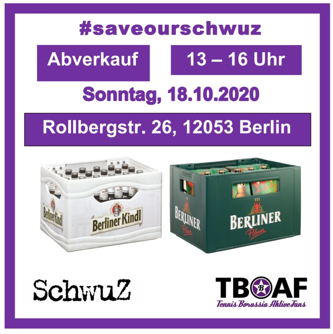 TennisBorussia's tweet photo. Der @SchwuzClub ist Deutschlands ältester queerer Club. Seit über 200 Tagen hat er wegen Corona geschlossen. Die Abteilung Aktive Fans greift dem Laden unter die Arme und organisiert für Sonntag einen Abverkauf von Getränken aus dem SchwuZ-Lager. Infos: https://t.co/klo4Swu3IX https://t.co/dG5yOXbjg8