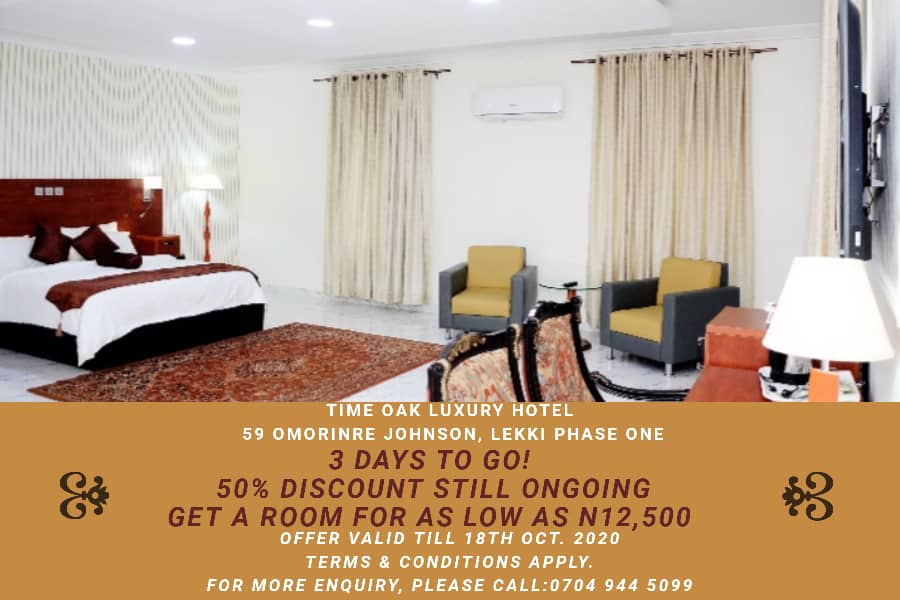 BrownIshuwa's tweet photo. 3 days to go, on the whooping 50% discount hurry now and call, 07049445099 to get a room for as low as 12,500 naira in lekki phase1 lagos.@time_oak  #Lekki  #luxury #luxuryhotel https://t.co/tV2FAmUfJg