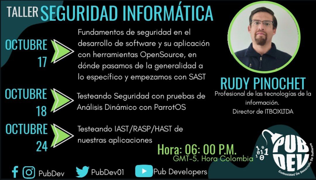 pubdev01's tweet image. Hoy iniciamos nuestra primera sesión del taller de seguridad informática con Rudy Pinochet, a las 06:00 P.M. hora Colombia. (GMT-5)

Totalmente gratuito, transmisión por Youtube.
¡Te esperamos!

#ciberseguridad #seguridadInformatica #webinar #talleronline #comunidad