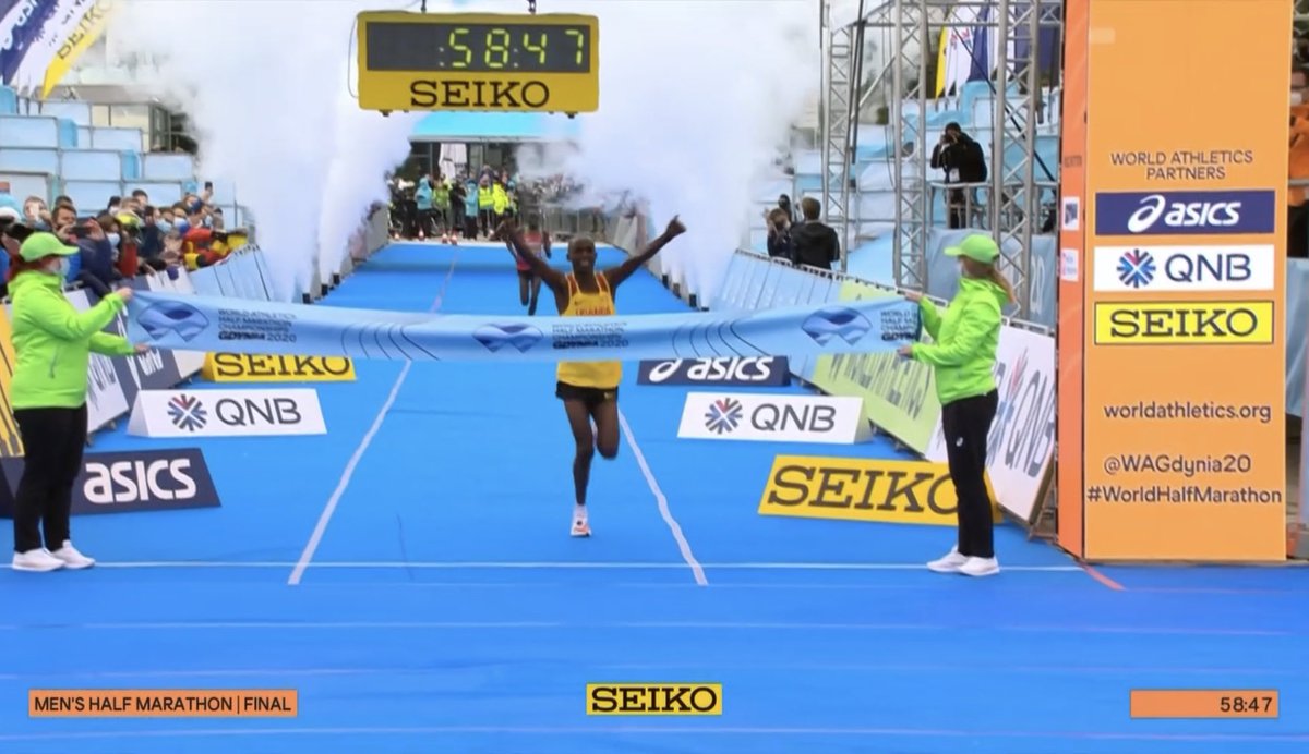 Chris Chavez's tweet - "Uganda's Jacob Kiplimo wins the World Half Marathon Championships in 58:48! He turns 20 next month. " - Trendsmap