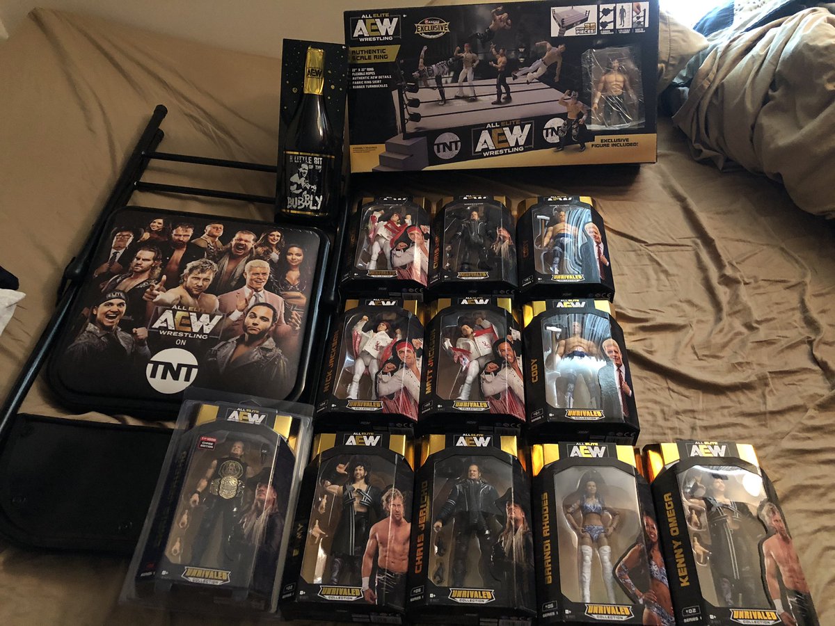 rcproam's tweet photo. @RingsideC celebrating @AEWonTNT 1 year anniversary with my @AewUnrivaled figures and my commemorative chair from the inaugural episode. I need that @CodyRhodes to complete my set #RSCDynamite @JeremyCom https://t.co/2BSj5tpVV0