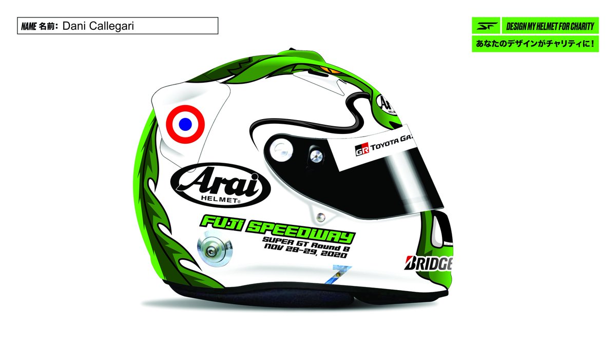 CallegariDani's tweet photo. El poder del dragón rodea el casco, con estilo manga “bold”. Escarapelas “guerreras” y datos del evento en los laterales. En la parte de atrás, esquema del autódromo de Fuji y banderas de los tres países donde habita Sacha. #SachaDesign https://t.co/lvEBIrHVZi